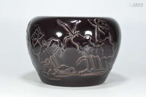 In tomato skin purple glaze carving lotus cranes grain tank1...