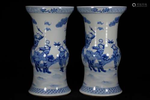 Blue and white lion dance grain auspicious flower vase with ...