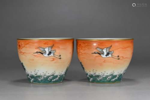 enamel six cranes with spring grain horseshoe cup5.5 cm high...