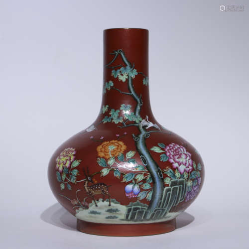 A red ground famille-rose 'floral' vase