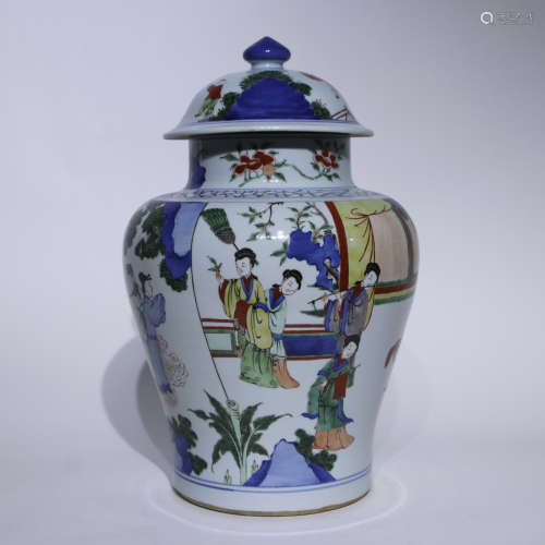 A blue and white WuCai 'figure' jar and cover