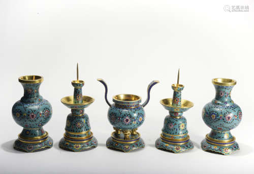 A set of Cloisonne enamel censer vase and candlestick