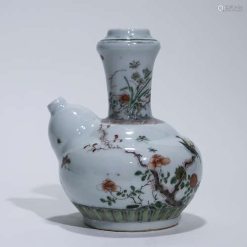 A Wu cai 'floral and birds' winepot