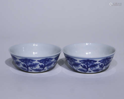 A pair of blue and white cup