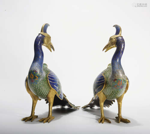 A pair of Cloisonne enamel peacock