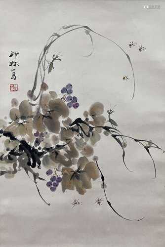 萧朗 螳螂葡萄 立轴 纸本