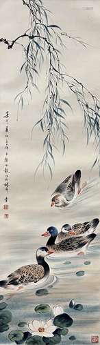 颜伯龙 荷塘游鸭图 立轴 纸本