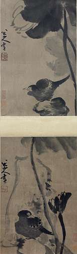 八大山人 花鸟双挖 立轴 纸本
