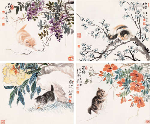 陈半丁 曹克家 猫戏花丛 （四帧） 镜片