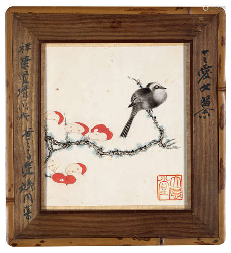 张大千 红叶小鸟 镜框