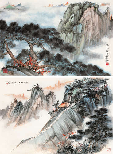 胡也佛 1973年作 黄山云海、太华西峰·对屏 立轴