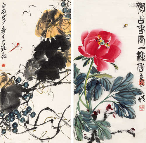 齐良迟 齐良己 花卉对屏 镜心