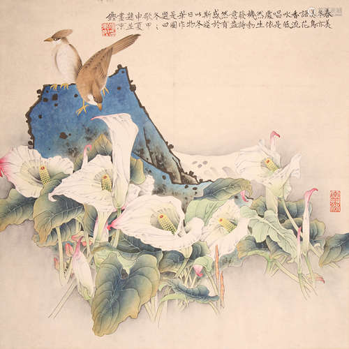 檀东坚 花鸟 纸本设色立轴