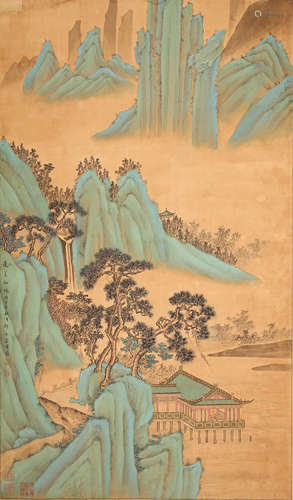 袁耀 青绿山水 绢本设色立轴