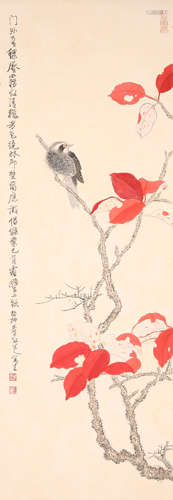 谢稚柳 红叶小鸟 纸本设色立轴