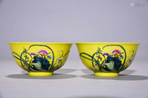 , citric yellow glaze enamel orchid flowers bowl of a pair, ...