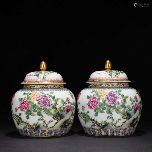 General colored enamel peony flower grain tank 22 * 16 cm