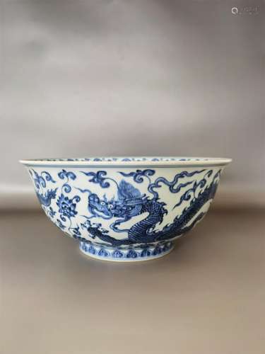 Blue and white tie up branch lotus dragon bowl