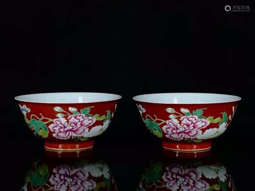 Coral red colored enamel peony flower grain bowl of 7.2/15.6...