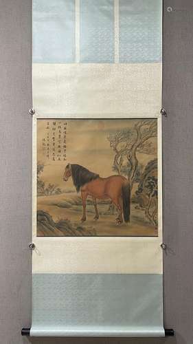 Lang shining, horses, silk scroll, size 64 x66cm