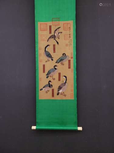 , Yin silk scroll painting rare bird figure painting heart s...