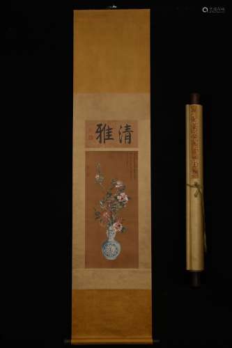 Lang shining - antique flower silk scroll 36 * 101
