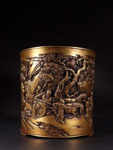 Stories of copper and gold hand carved four pen container.Sp...