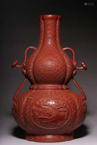 "" red glaze porcelain carved window scenery figur...
