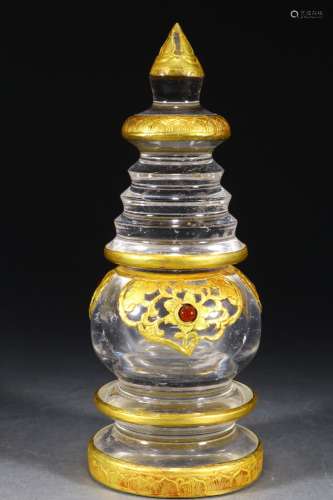 Bottle: crystal stupa plated with gold.Size 7.5 x7.5 x20cm w...