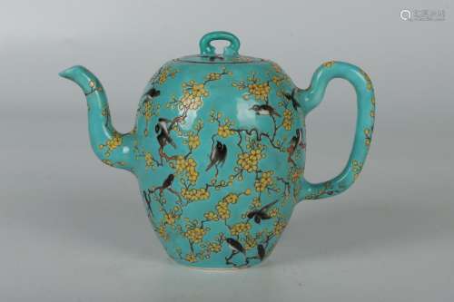 Beaming teapot - pastel green flowers and birdsHeight 11.2 c...