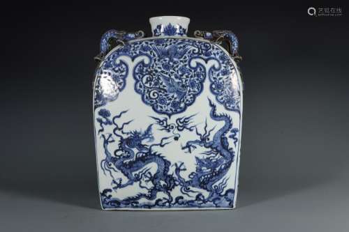 Blue and white longfeng flat pot.Size: high 38 cm diameter 8...