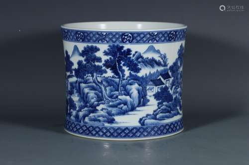 Brush pot, blue and white landscape characters.Highly 19, 22...