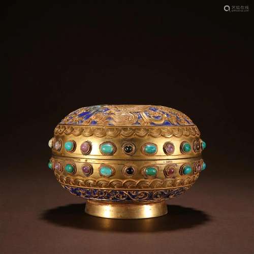 A Rare and Fine Gilt-bronze Inlaid Gems Box