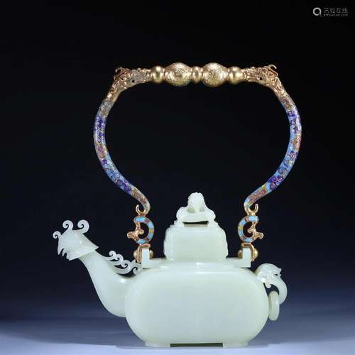 A Rare Hetian Jade Inlaid Gilt-Silver Beam Jug