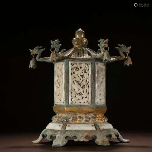 A Top and Rare Gilt-Bronze Inlaid Jade Pagoda