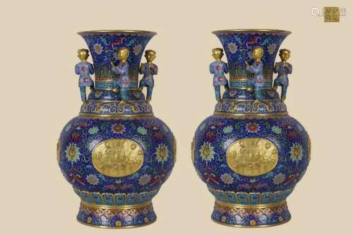 A Pair of Larger Gilt-bronze Cloisonne Enamel Vases