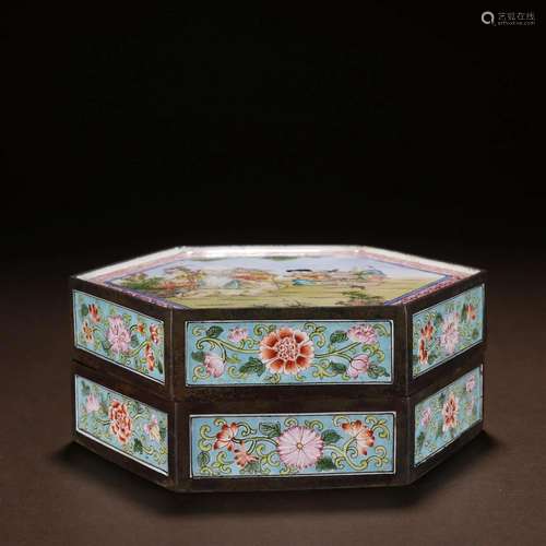 A Top and Rare Copper Painted Enamel Character Story Box