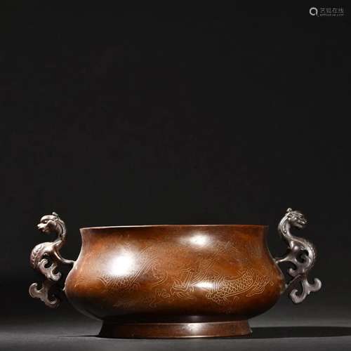 A Rare Copper Inlaid Silver Chi-Dragon Ears Censer