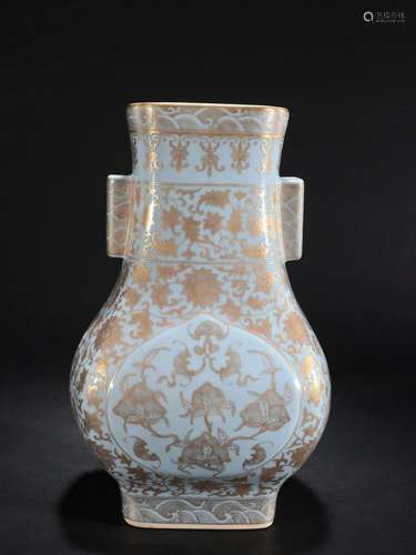 A Rare and Top Azure glaze Painted Gold Blessing Shou Patter...