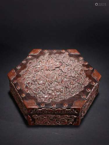 A Rare Zitan Wood 'Flowers' Hexagonal Box With Cover