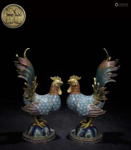 A Pair of Top Gilt-bronze Cloisonne Enamel Rooster Ornaments