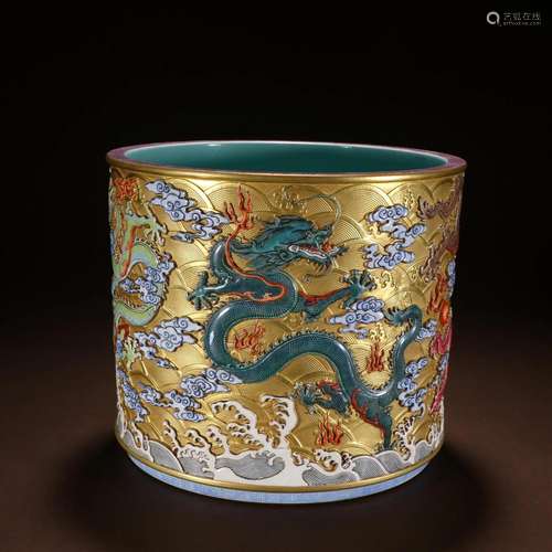 A Rare Enamel Painted Gold Dragon Pattern Pen Holder