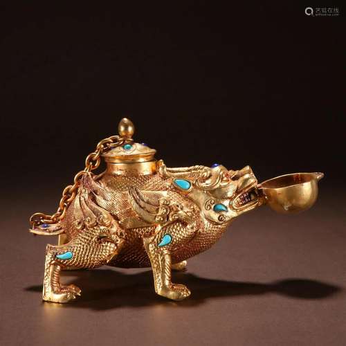 A Fine Gilt-bronze Inlaid Gems Beast Ornament