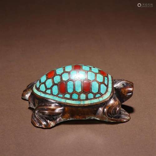 A Rare and Fine Bronze Inlaid Turquoise Turtle Ornament