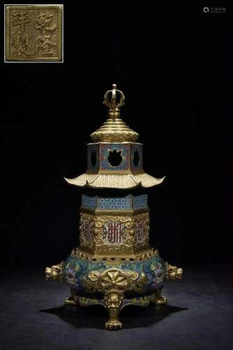 A Rare Gilt-bronze Cloisonne Enamel Beast Ears Censer