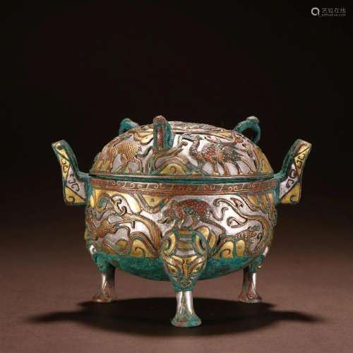 A Top and Rare Bronze Inlaid Gold and Silver Beast Pattern C...