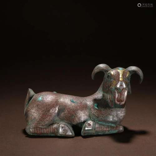 A Fine Bronze Inlaid Gold and Silver Sheep Ornament