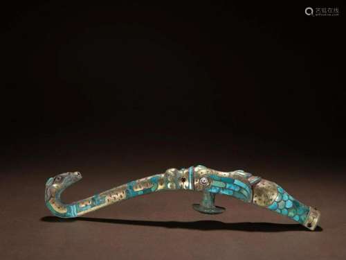 A Rare and Top Bronze Inlaid Gold and Turquoise Buckle