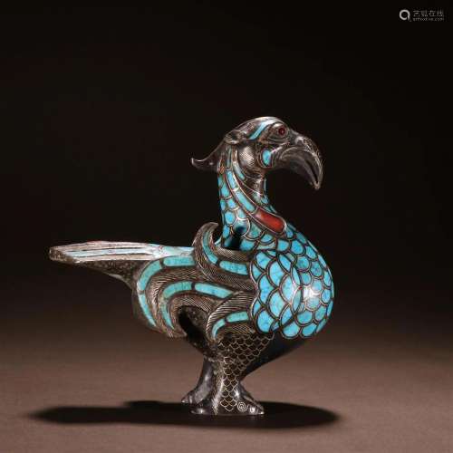 A Rare Bronze Inlaid Gold and Turquoiso Bird Ornament