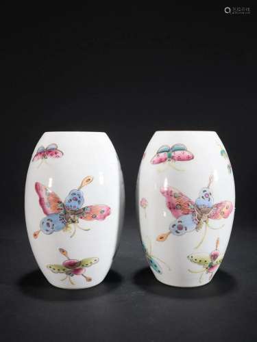 A Pair of Famille-rose 'Butterflies' Olive Bottle